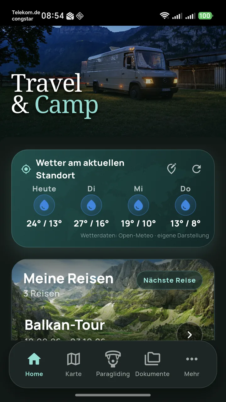 TravCamp Startseite im Dark-Mode