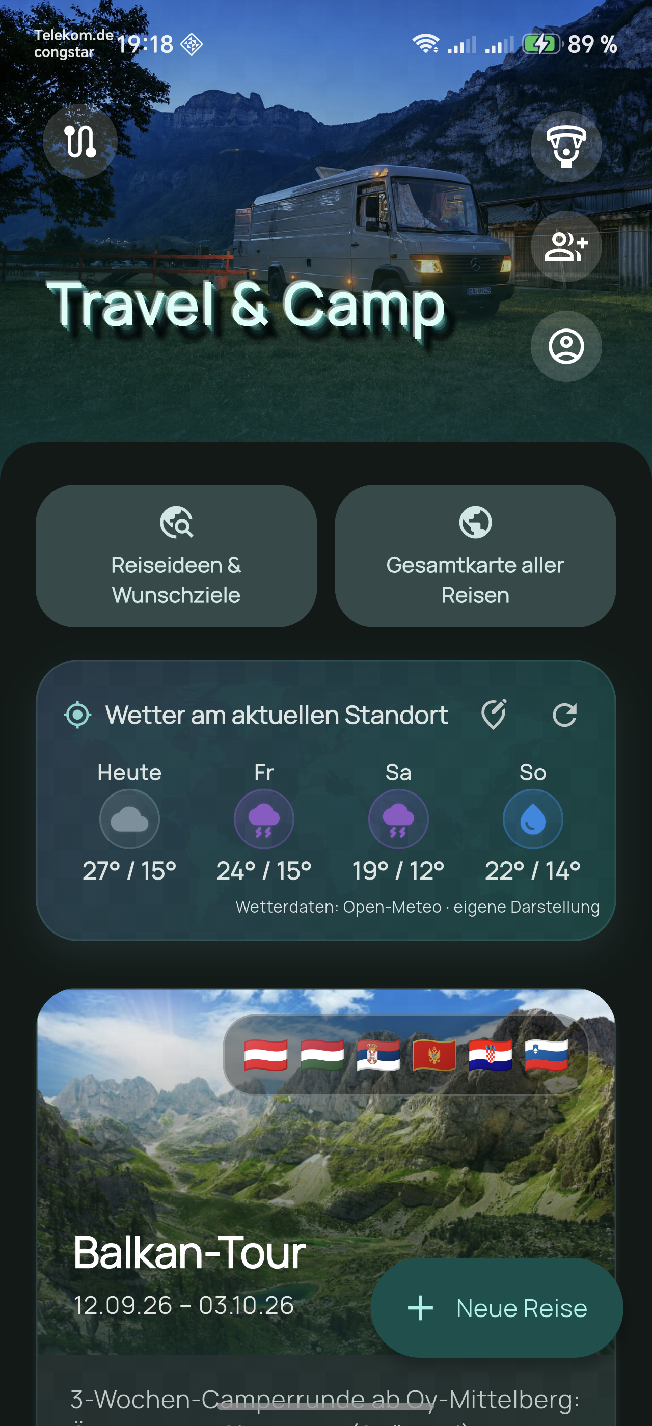 TravCamp Dashboard mit Wetter und Reiseübersicht