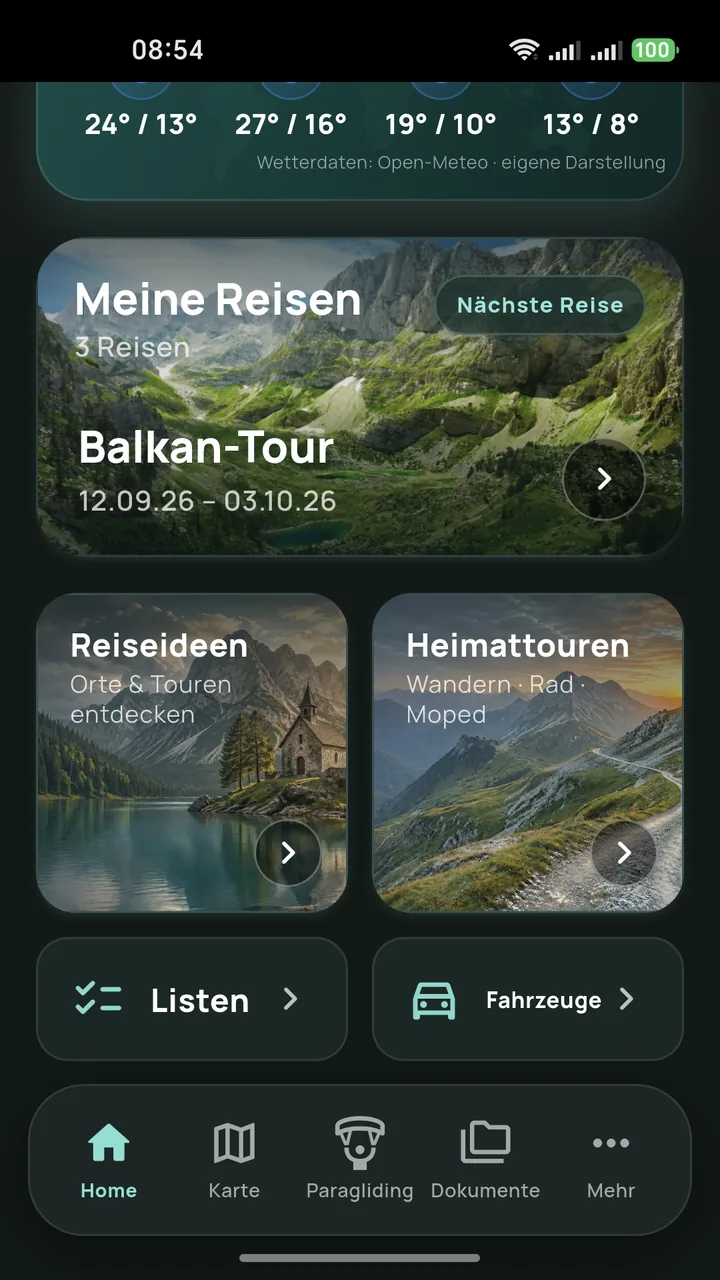 TravCamp Funktionsübersicht mit Reisen, Ideen, Heimattouren, Listen und Fahrzeugen