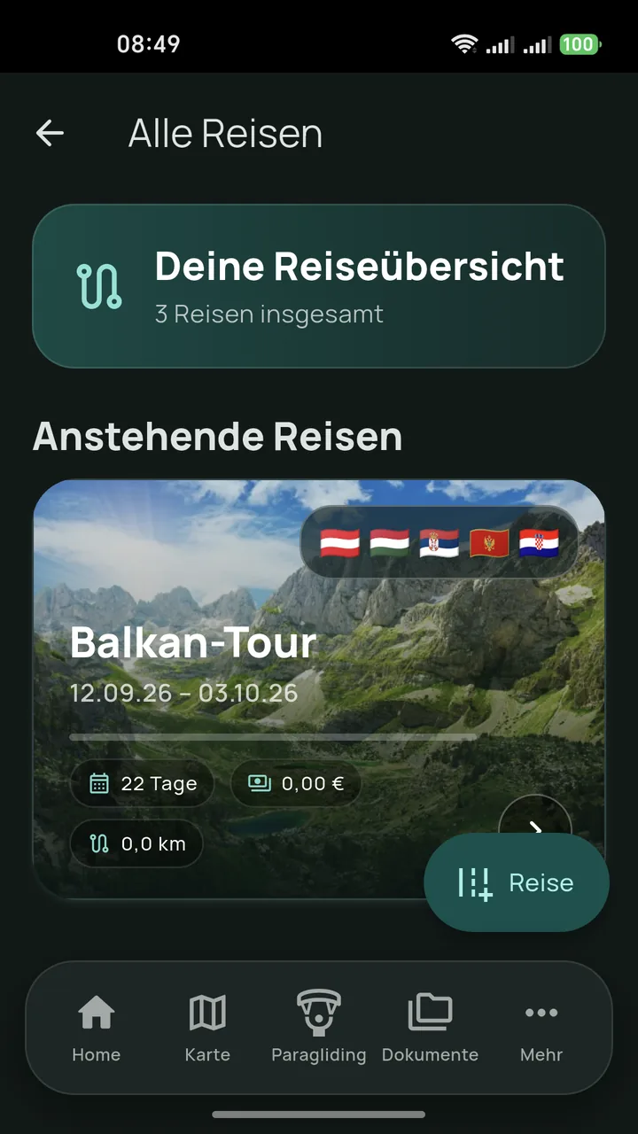 TravCamp Reiseübersicht mit aktuellen und geplanten Reisen