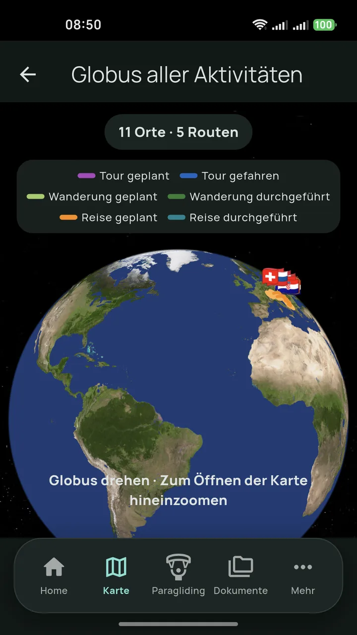 TravCamp Globus mit Orten und Routen