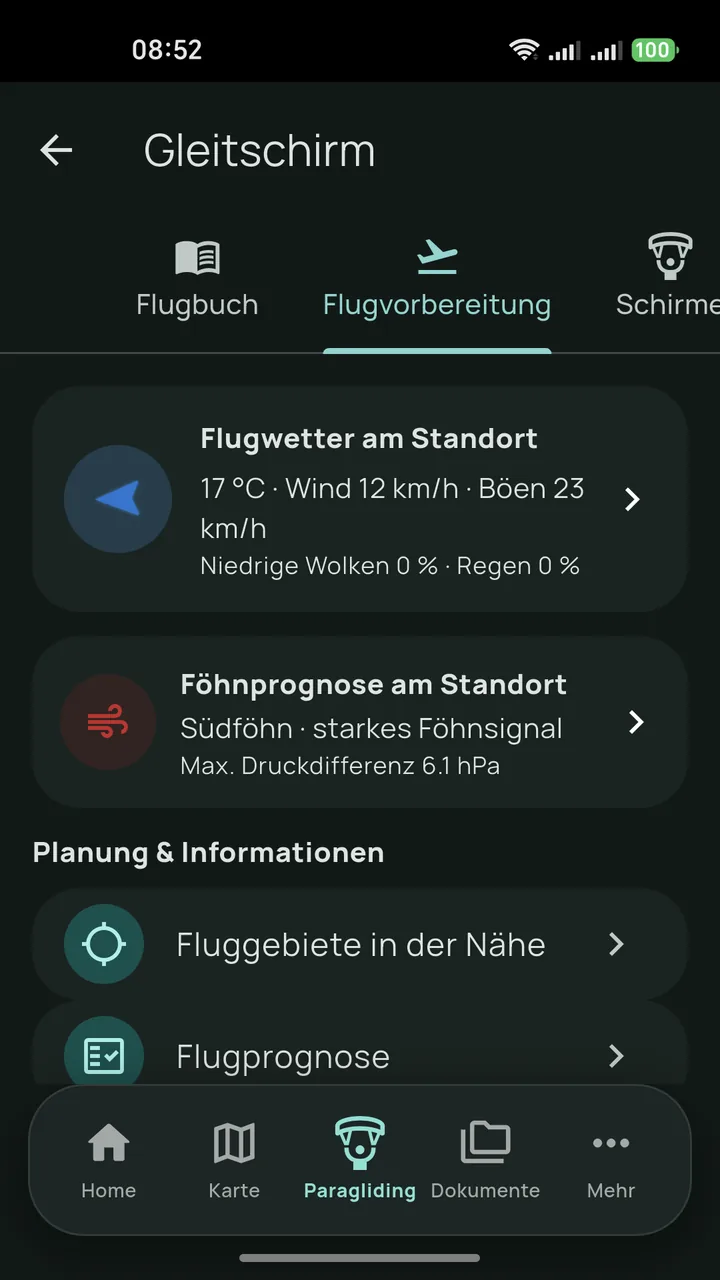 TravCamp Flugvorbereitung mit Flugwetter, Föhnprognose und Fluggebieten