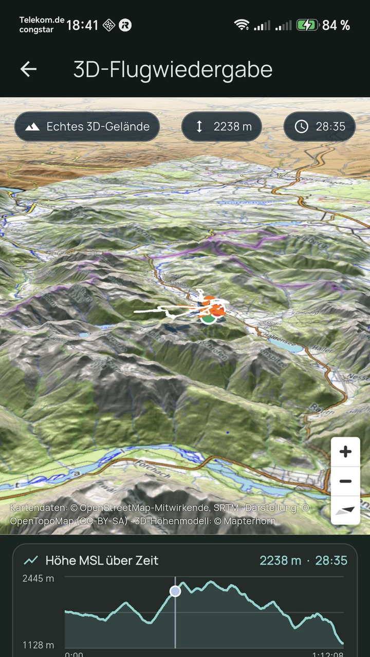 TravCamp 3D-Flugwiedergabe mit realistischem Gelände, Flugspur und Höhenprofil