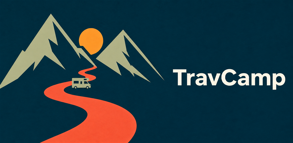 TravCamp Motiv mit Bergen, Route und Reisemobil